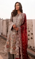 EMBROIDERED CHIFFON FRONT EMBROIDERED CHIFFON BACK EMBROIDERED ORGANZA FRONT AND BACK HEM (BORDER) EMBROIDERED CHIFFON SLEEVES EMBROIDRED ORGANZA SLEEVES PATCH RAW SILK PANTS EMBROIDERED CHIFFON DUPATTA