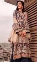 EMBROIDERED CHIFFON FRONT WITH SEQUINS EMBROIDERED CHIFFON BACK WITH SEQUINS EMBROIDERED ORGANZA FRONT AND BACK HEM (BORDER) EMBROIDERED CHIFFON SLEEVES EMBROIDERED ORGANZA SLEEVES PATCH RAW SILK PANTS METALLIC TULLE (ZARRI NET) DUPATTA EMBROIDERED ORGANZA DUPATTA PATCH WITH SEQUINS