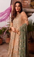 EMBROIDERED CHIFFON FRONT EMBROIDERED CHIFFON BACK EMBROIDERED ORGANZA FRONT AND BACK HEM (BORDER) EMBROIDERED CHIFFON SLEEVES EMBROIDERED ORGANZA SLEEVES PATCH RAW SILK TROUSER EMBROIDERED ORGANZA PANTS PATCH EMBROIDERED CHIFFON DUPATTA WITH SEQIUNS