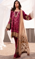 EMBROIDERED CHIFFON FRONT WITH SEQUINS EMBROIDERED CHIFFON BACK WITH SEQUINS EMBROIDERED SILK FRONT AND BACK HEM (BORDER) EMBROIDERED CHIFFON SLEEVES EMBROIDERED SILK SLEEVE PATCHES WITH SEQUINS RAW SILK PANTS EMBROIDERED TULLE (NET) DUPATTA EMBROIDERED SILK DUPATTA PATCH WITH SEQUINS