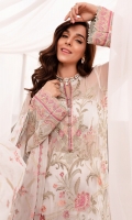 EMBROIDERED CHIFFON FRONT EMBROIDERED CHIFFON BACK EMBROIDERED ORGANZA FRONT AND BACK HEM (BORDER) EMBROIDERED ORGANZA NECKLINE FINISHING EMBROIDERED CHIFFON SLEEVES EMBROIDERED ORGANZA SLEEVES PATCH RAW SILK PANTS EMBROIDERED CHIFFON DUPATTA