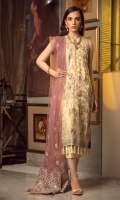 Embroidered Chiffon Front Embroidered Chiffon Back Embroidered Organza Front and Back Hem (Border) Embroidered Organza Neckline Finishing Embroidered Chiffon Sleeves Embroidered Organza Sleeve Patch Raw Silk Pants Embroidered Net Dupatta Embroidered Raw Silk Dupatta Pallu Patch (Light Purple)