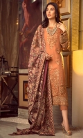 Embroidered Chiffon Centre Panel Embroidered Chiffon Side Panels Plain Chiffon Back Embroidered Raw Silk Front and Back Hem (Border) Embroidered Chiffon Sleeves Embroidered Organza Sleeve Patch Raw Silk Pants Embroidered Net Dupatta