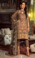 Embroidered Chiffon Front Embroidered Chiffon Back Embroidered Raw Silk Front and Back Hem (Border) Embroidered Organza Neckline Finishing Embroidered Chiffon Sleeves Embroidered Organza Sleeve Patch Raw Silk Pants Embroidered Net Dupatta Embroidered Net Dupatta Pallu Patch