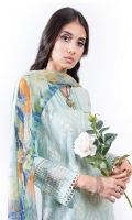 EMBROIDERED LAWN FRONT (1.25m) EMBROIDERED LAWN BACK (1.25m) EMBROIDERED ORGANZA FRONT BORDER WITH BORING (0.85m) EMBROIDERED ORGANZA NECKLINE FINISHING (01 Piece) EMBROIDERED LAWN SLEEVES (0.60m) EMBROIDERED ORGANZA SLEEVES PATCH WITH BORING (0.85m) COTTON PANTS (2.5m) DIGITAL PRINT CHIFFON DUPATTA (2.5m)