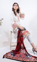 EMBROIDERED LAWN FRONT (1.25m) EMBROIDERED LAWN BACK (1.25m) EMBROIDERED ORGANZA FRONT BORDER (0.85m) EMBROIDERED ORGANZA NECKLINE FINISHING (01 Piece) EMBROIDERED LAWN SLEEVES (0.60m) EMBROIDERED ORGANZA SLEEVES PATCH (0.85m) COTTON PANTS (2.5m) DIGITAL PRINT CHIFFON DUPATTA (2.5m)