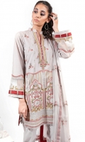 EMBROIDERED LAWN FRONT WITH BORING (1.25m) EMBROIDERED LAWN BACK (1.25m) EMBROIDERED ORGANZA FRONT BORDER WITH BORING (0.85m) EMBROIDERED ORGANZA NECKLINE PATCH (01 Piece) EMBROIDERED LAWN SLEEVES WITH BORING (0.60m) EMBROIDERED ORGANZA SLEEVES PATCH WITH BORING (0.85m) COTTON PANTS (2.5m) EMBROIDERED CHIFFON DUPATTA (2.5m)