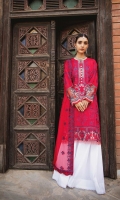 Embroidered Lawn Front Embroidered Lawn Back Embroidered Silk Front and Back Hem (Border) Embroidered Lawn Sleeves Embroidered Organza Sleeve Patch Cotton Pants Embroidered Chiffon Dupatta