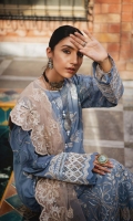 Embroidered Lawn Front Embroidered Lawn Back Embroidered Organza Front and Back Hem (Border) Embroidered Lawn Sleeves Embroidered Organza Sleeve Patch Cotton Pants Embroidered Tulle (Net) Dupatta