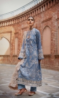 Embroidered Lawn Front Embroidered Lawn Back Embroidered Organza Front and Back Hem (Border) Embroidered Lawn Sleeves Embroidered Organza Sleeve Patch Cotton Pants Embroidered Tulle (Net) Dupatta