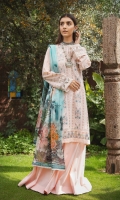 Embroidered Lawn Front Embroidered Lawn Back Embroidered Organza Front Hem (Border) Embroidered Lawn Sleeves Embroidered Organza Sleeve Patch Cotton Pants Digital Print Chiffon Dupatta