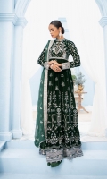 Embroidered Velvet Front Bodice Embroidered Organza Neckline Finishing Embroidered Velvet Front Embroidered Velvet Back Bodice Embroidered Velvet Back Embroidered Raw Silk Front and Back Border (Hem) Embroidered Velvet Sleeves Embroidered Raw Silk Sleeve Patch Raw Silk Pants Embroidered Chiffon Dupatta