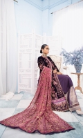 Embroidered Velvet Front Embroidered Organza Neckline Finishing Plain Velvet Back Embroidered Raw Silk Front and Back Border (Hem) Digital Print Front and Back Border (Hem) Embroidered Velvet Sleeves Embroidered Raw Silk Sleeve Patch Jamawaar Pants Embroidered Chiffon Dupatta