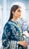 Embroidered Velvet Front Embroidered Organza Neckline Finishing Embroidered Velvet Back Embroidered Raw Silk Front and Back Border (Hem) Embroidered Velvet Sleeves Embroidered Raw Silk Sleeve Patch Raw Silk Pants Embroidered Net Dupatta