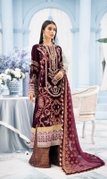 Embroidered Velvet Front Embroidered Organza Neckline Finishing Embroidered Velvet Back Embroidered Organza Front and Back Border (Hem) Embroidered Velvet Sleeves Embroidered Raw Silk Sleeve Patch Jamawaar Pants Embroidered Chiffon Dupatta