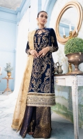 Embroidered Velvet Front Embroidered Velvet Back Embroidered Raw Silk Front and Back Border (Hem) Embroidered Velvet Sleeves Embroidered Raw Silk Sleeve Patch Jamawaar Pants Embroidered Zarri Net Dupatta Embroidered Organza Dupatta Border