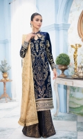 Embroidered Velvet Front Embroidered Velvet Back Embroidered Raw Silk Front and Back Border (Hem) Embroidered Velvet Sleeves Embroidered Raw Silk Sleeve Patch Jamawaar Pants Embroidered Zarri Net Dupatta Embroidered Organza Dupatta Border