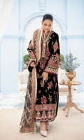 Embroidered Velvet Front Embroidered Organza Neckline Finishing Embroidered Velvet Back Embroidered Organza Silk Front and Back Border (Hem) Digital Print Front and Back Border (Hem) Embroidered Velvet Sleeves Embroidered Raw Silk Sleeve Patch Jamawaar Pants Embroidered Net Dupatta