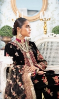 Embroidered Velvet Front Embroidered Organza Neckline Finishing Embroidered Velvet Back Embroidered Organza Silk Front and Back Border (Hem) Digital Print Front and Back Border (Hem) Embroidered Velvet Sleeves Embroidered Raw Silk Sleeve Patch Jamawaar Pants Embroidered Net Dupatta