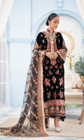 Embroidered Velvet Front Embroidered Organza Neckline Finishing Embroidered Velvet Back Embroidered Organza Silk Front and Back Border (Hem) Digital Print Front and Back Border (Hem) Embroidered Velvet Sleeves Embroidered Raw Silk Sleeve Patch Jamawaar Pants Embroidered Net Dupatta