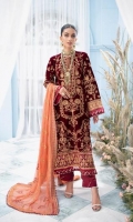 Embroidered Velvet Front Embroidered Velvet Back Embroidered Raw Silk Front and Back Border (Hem) Embroidered Velvet Sleeves Embroidered Raw Silk Sleeve Patch Raw Silk Pants Embroidered Chiffon Dupatta