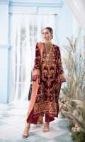 Embroidered Velvet Front Embroidered Velvet Back Embroidered Raw Silk Front and Back Border (Hem) Embroidered Velvet Sleeves Embroidered Raw Silk Sleeve Patch Raw Silk Pants Embroidered Chiffon Dupatta