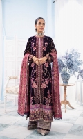 Embroidered Velvet Front Embroidered Organza Neckline Finishing Plain Velvet Back Embroidered Raw Silk Front and Back Border (Hem) Digital Print Front and Back Border (Hem) Embroidered Velvet Sleeves Embroidered Raw Silk Sleeve Patch Jamawaar Pants Embroidered Chiffon Dupatta