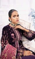 Embroidered Velvet Front Embroidered Organza Neckline Finishing Plain Velvet Back Embroidered Raw Silk Front and Back Border (Hem) Digital Print Front and Back Border (Hem) Embroidered Velvet Sleeves Embroidered Raw Silk Sleeve Patch Jamawaar Pants Embroidered Chiffon Dupatta