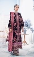 Embroidered Velvet Front Embroidered Organza Neckline Finishing Plain Velvet Back Embroidered Raw Silk Front and Back Border (Hem) Digital Print Front and Back Border (Hem) Embroidered Velvet Sleeves Embroidered Raw Silk Sleeve Patch Jamawaar Pants Embroidered Chiffon Dupatta