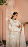 Embroidered Tulle (Net) Front Embroidered Tulle (Net) Back Embroidered Organza Front and Back Hem (Border) Embroidered Tulle (Net) Sleeves Embroidered Organza Sleeve Patch Cotton Silk Lining Raw Silk Pants Embroidered Tulle (Net) Dupatta
