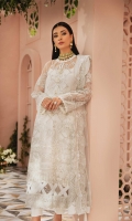 Embroidered Tulle (Net) Front Embroidered Tulle (Net) Back Embroidered Organza Front and Back Hem (Border) Embroidered Tulle (Net) Sleeves Embroidered Organza Sleeve Patch Cotton Silk Lining Raw Silk Pants Embroidered Tulle (Net) Dupatta