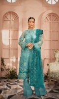 Embroidered Organza Front Embroidered Organza Back Embroidered Organza Front and Back Hem (Border) Embroidered Net Sleeves Embroidered Organza Sleeve Patch Cotton Silk Lining Raw Silk Pants Embroidered Organza Dupatta