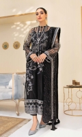 Embroidered Net Front with Sequins Embroidered Net Back with Sequins Embroidered Organza Front and Back Hem (Border) Embroidered Net Sleeves Embroidered Organza Sleeve Patch Grip Lining Raw Silk Pants Embroidered Net Dupatta with Sequins