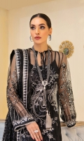 Embroidered Net Front with Sequins Embroidered Net Back with Sequins Embroidered Organza Front and Back Hem (Border) Embroidered Net Sleeves Embroidered Organza Sleeve Patch Grip Lining Raw Silk Pants Embroidered Net Dupatta with Sequins