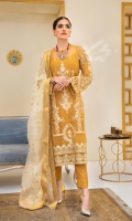 Embroidered Organza Front with Sequins Embroidered Organza Back with Sequins Embroidered Organza Front and Back Hem (Border) with Sequins Embroidered Organza Sleeves with Sequins Embroidered Organza Sleeve Patch with Sequins Grip Lining Raw Silk Pants Organza Jacquard Dupatta