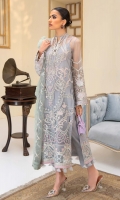 Embroidered Net Front Embroidered Organza Neckline Finishing Embroidered Net Back Embroidered Organza Front and Back Hem (Border) Embroidered Net Sleeves Embroidered Organza Sleeve Patch Grip Lining Raw Silk Pants Embroidered Net Dupatta