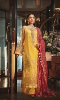 Embroidered Net Front Embroidered Organza Neckline Finishing Embroidered Net Back Embroidered Organza Front and Back Border Embroidered Net Sleeves Embroidered Organza Sleeve Patch Cotton Silk Lining Raw Silk Pants Embroidered Net Dupatta