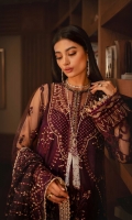 Embroidered Net Center Panel Embroidered Net Side Panels Embroidered Organza Neckline Finishing Embroidered Net Back Embroidered Organza Front and Back Border Embroidered Net Sleeves Embroidered Organza Sleeve Patch Cotton Silk Lining Raw Silk Pants Embroidered Net Dupatta
