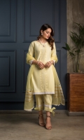 A lemon-yellow cotton straight kurta, matching your pride and grace. A dreamy lace work on the hemline and sleeves, and anchor thread work plaiting in the front. This straight trouser completes the fairytale look with the addition of laced border and a bow to tie. A dyed organza dupatta with awe-inspiring silver and gold zari lines.