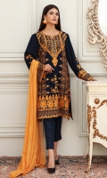 Beautifully embellished navy blue georgette shirt comes with navy blue trousers and mustard chiffon dupatta.