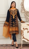 Beautifully embellished navy blue georgette shirt comes with navy blue trousers and mustard chiffon dupatta.