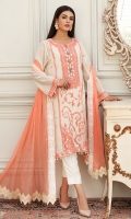 Ivory cotton net embroidered shirt comes with coral chiffon dupatta and plain pants.