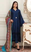 Navy blue cotton net loose fitted shirt comes with straight pants and pure silk digital printed dupatta.
