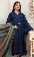 Navy blue cotton net loose fitted shirt comes with straight pants and pure silk digital printed dupatta.