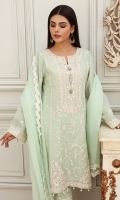 Mint green cotton net shirt with off-white embroidery, comes with straight lace pants and chiffon dupatta.