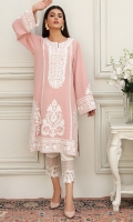 Georgette pink shirt adorned with beautiful Kashmiri embroidery and paired with white trousers.