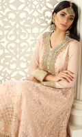 Pale blush chiffon embroidered long peshwas with hand worked neckline and embroidered borders. It is paired with chiffon dupatta with sequins and pearl spray and pants with heavy borders.