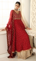 Salsa red pishwas with heavy bodice and spray, make it look formal with gold heavy worked sharara or keep it simple with plain pants. Paired with dupatta with sequins and gota spray. Perfect for people who want to keep the bridals light.