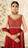 Salsa red pishwas with heavy bodice and spray, make it look formal with gold heavy worked sharara or keep it simple with plain pants. Paired with dupatta with sequins and gota spray. Perfect for people who want to keep the bridals light.