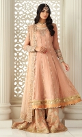 Bridal rose anarkali highlighted with dabka, gota work and beautiful heavy sleeves. Pair it up with apricot coloured sharara or plain pants and beautiful pink kamdani dupatta with borders all around. Perfect for a day time engagement or nikah.